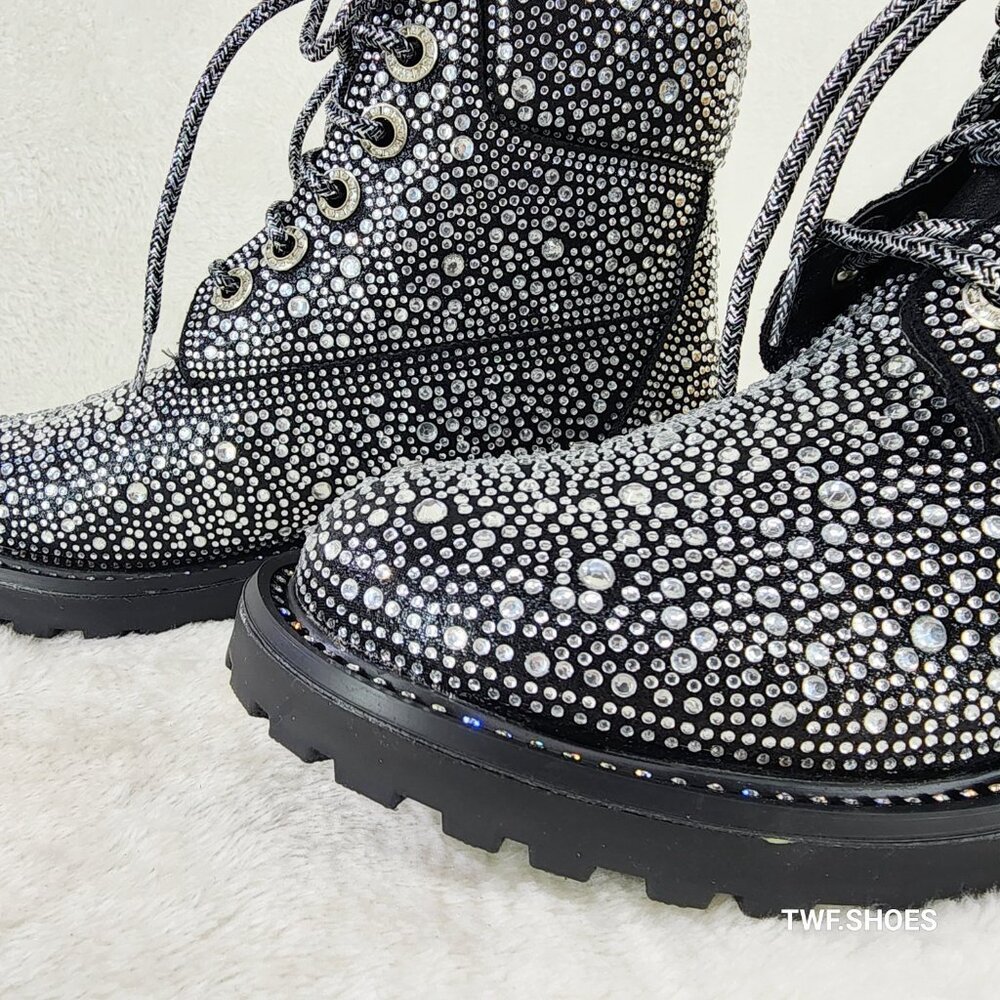 Wonder Sparkling Rhinestone Combat Ankle Boot Metallic Black - Picture 7 of 8